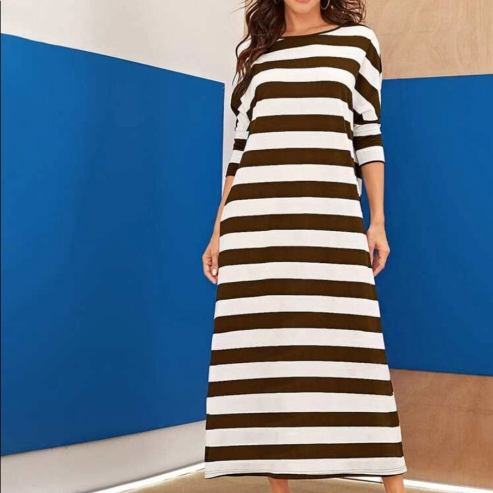 Brown and White Striped Jersey Dress